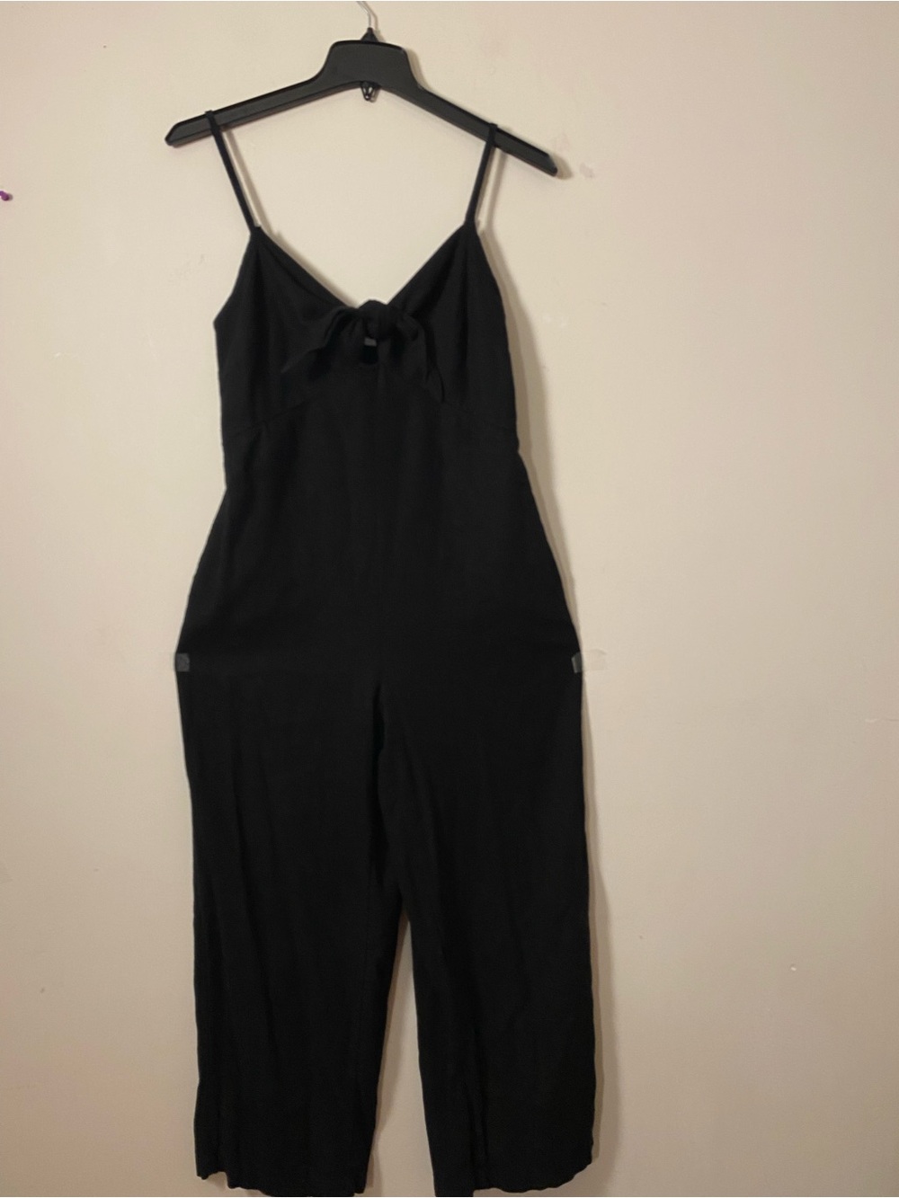 Black Linen wide leg Spaghetti-Strap Capris Jumpsuit with Front Tie